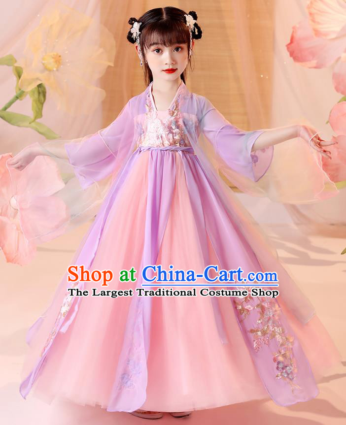 Chinese Traditional Tang Suit Lilac Hanfu Dress Ancient Song Dynasty Girl Costumes Stage Show Apparels for Kids