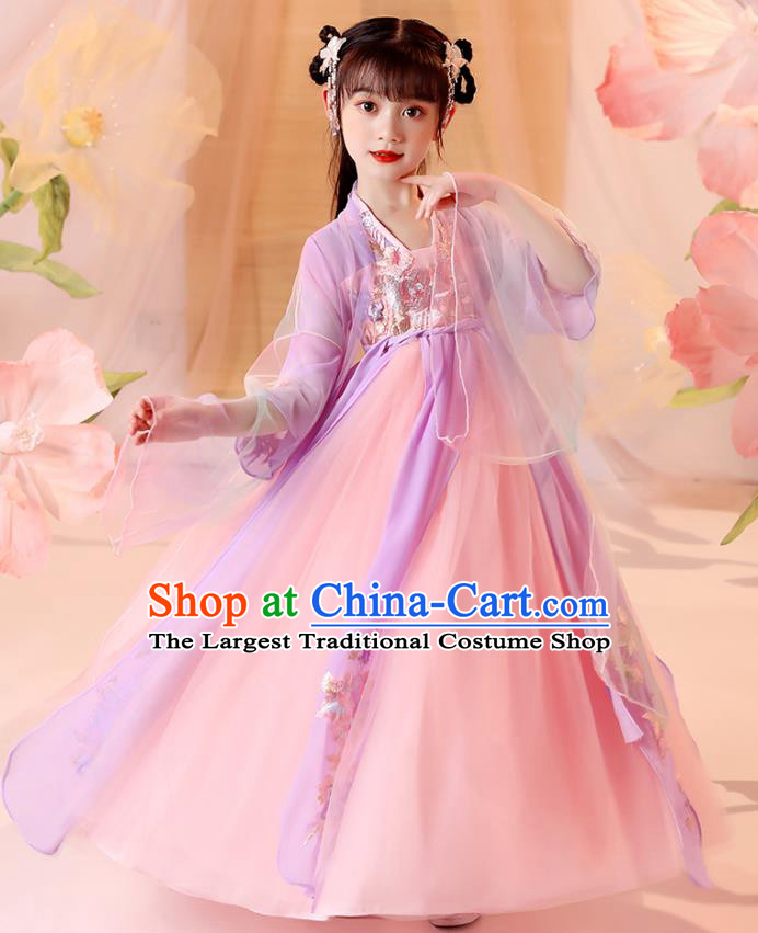 Chinese Traditional Tang Suit Lilac Hanfu Dress Ancient Song Dynasty Girl Costumes Stage Show Apparels for Kids