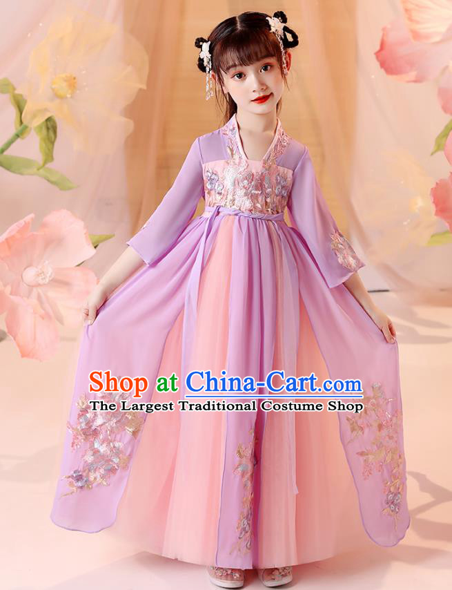 Chinese Traditional Tang Suit Lilac Hanfu Dress Ancient Song Dynasty Girl Costumes Stage Show Apparels for Kids