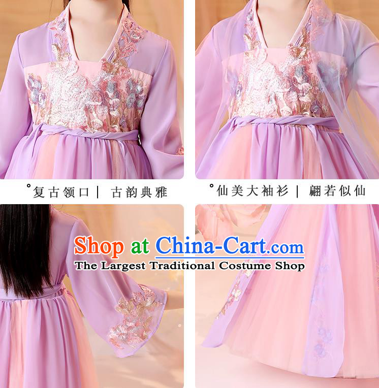 Chinese Traditional Tang Suit Lilac Hanfu Dress Ancient Song Dynasty Girl Costumes Stage Show Apparels for Kids