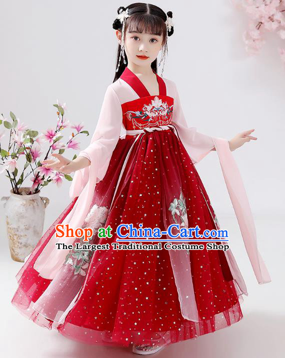 Chinese Traditional Tang Dynasty Hanfu Dress Ancient Girl Costumes Stage Show Apparels Red Cape Blouse and Slip Dress for Kids