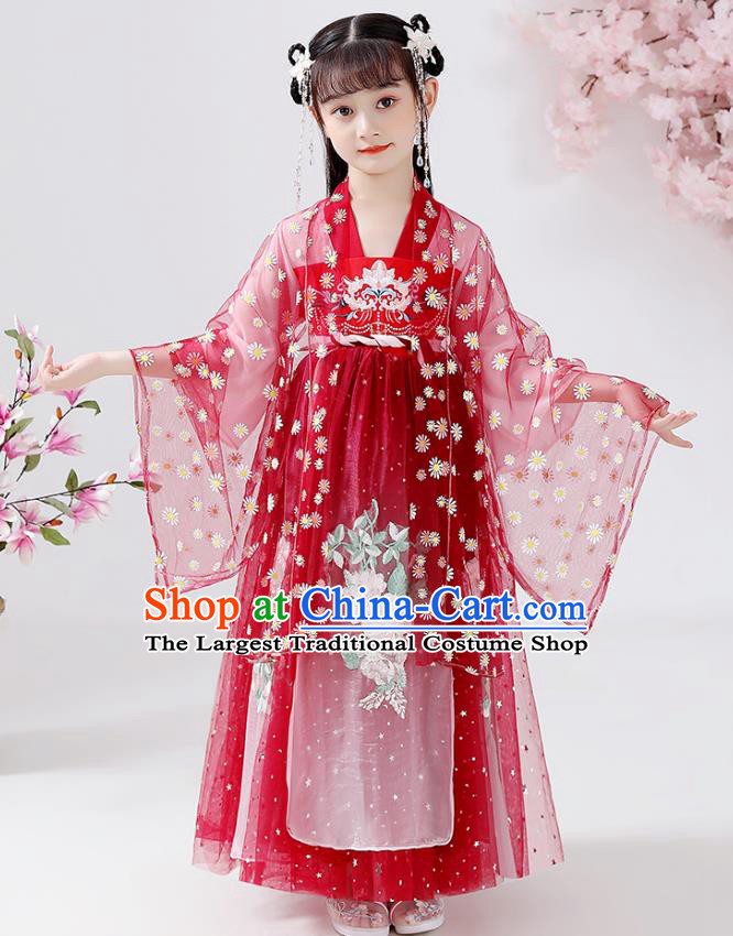 Chinese Traditional Tang Dynasty Hanfu Dress Ancient Girl Costumes Stage Show Apparels Red Cape Blouse and Slip Dress for Kids
