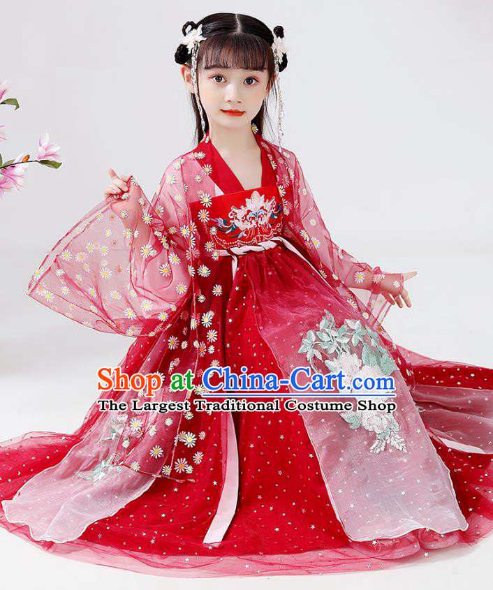 Chinese Traditional Tang Dynasty Hanfu Dress Ancient Girl Costumes Stage Show Apparels Red Cape Blouse and Slip Dress for Kids