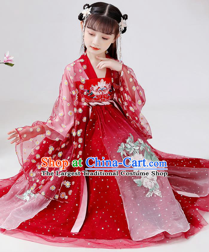 Chinese Traditional Tang Dynasty Hanfu Dress Ancient Girl Costumes Stage Show Apparels Red Cape Blouse and Slip Dress for Kids