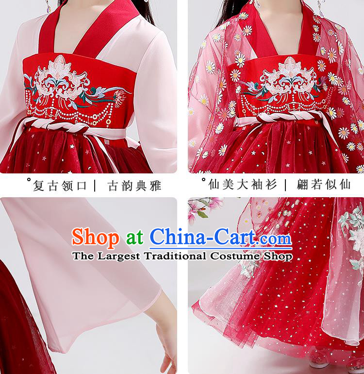 Chinese Traditional Tang Dynasty Hanfu Dress Ancient Girl Costumes Stage Show Apparels Red Cape Blouse and Slip Dress for Kids