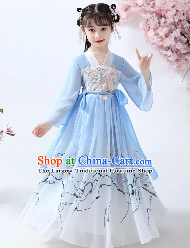 Chinese Traditional Song Dynasty Girl Hanfu Dress Ancient Children Costumes Stage Show Apparels Blue Chiffon Cape Blouse and Skirt for Kids