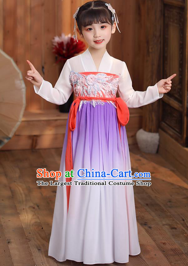 Chinese Traditional Hanfu Dress Apparels Ancient Princess Costumes Stage Show Girl White Cloak Blouse and Lilac Skirt for Kids