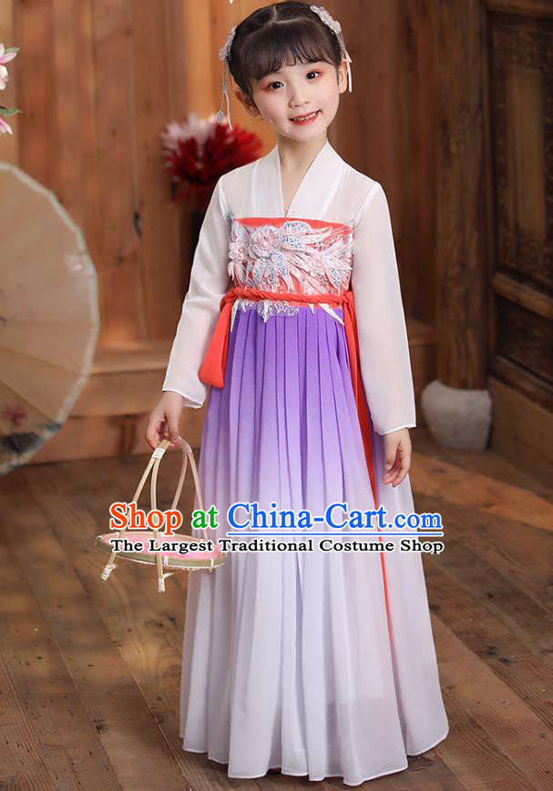 Chinese Traditional Hanfu Dress Apparels Ancient Princess Costumes Stage Show Girl White Cloak Blouse and Lilac Skirt for Kids