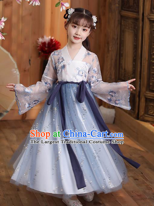 Chinese Traditional Children Hanfu Dress Apparels Ancient Princess Costumes Stage Show Girl Cape Blouse and Light Blue Skirt for Kids