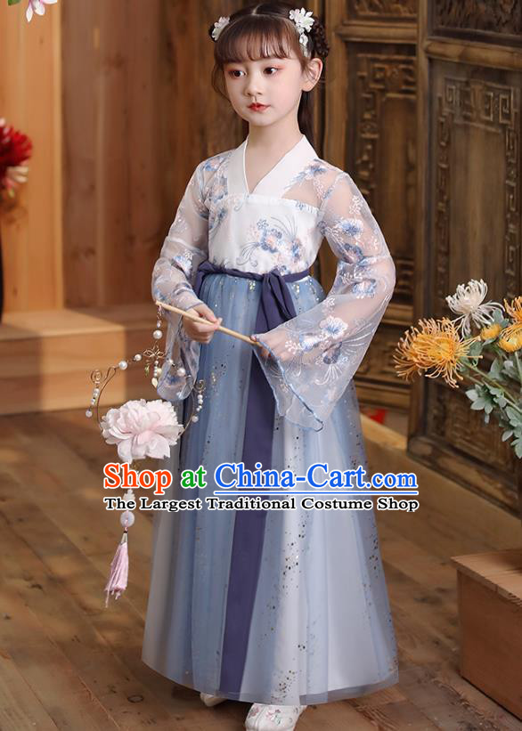 Chinese Traditional Children Hanfu Dress Apparels Ancient Princess Costumes Stage Show Girl Cape Blouse and Light Blue Skirt for Kids