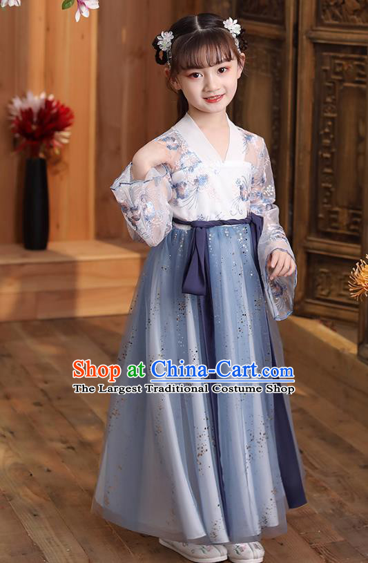 Chinese Traditional Children Hanfu Dress Apparels Ancient Princess Costumes Stage Show Girl Cape Blouse and Light Blue Skirt for Kids
