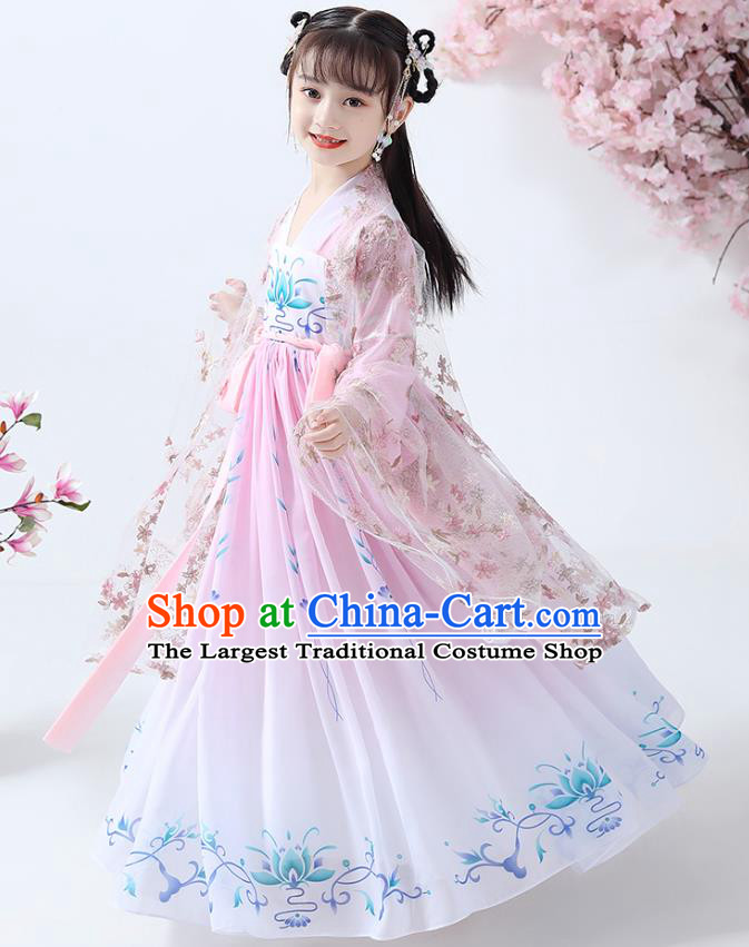 Chinese Traditional Tang Dynasty Girl Pink Hanfu Dress Ancient Princess Costumes Stage Show Apparels Flowers Cape Blouse and Skirt for Kids