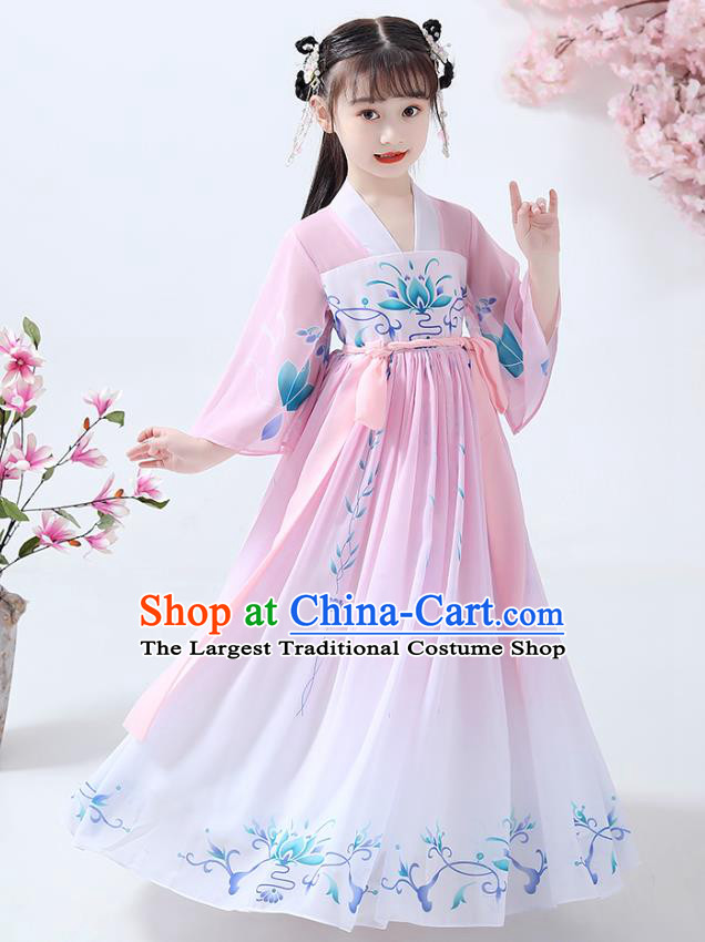 Chinese Traditional Tang Dynasty Girl Pink Hanfu Dress Ancient Princess Costumes Stage Show Apparels Flowers Cape Blouse and Skirt for Kids