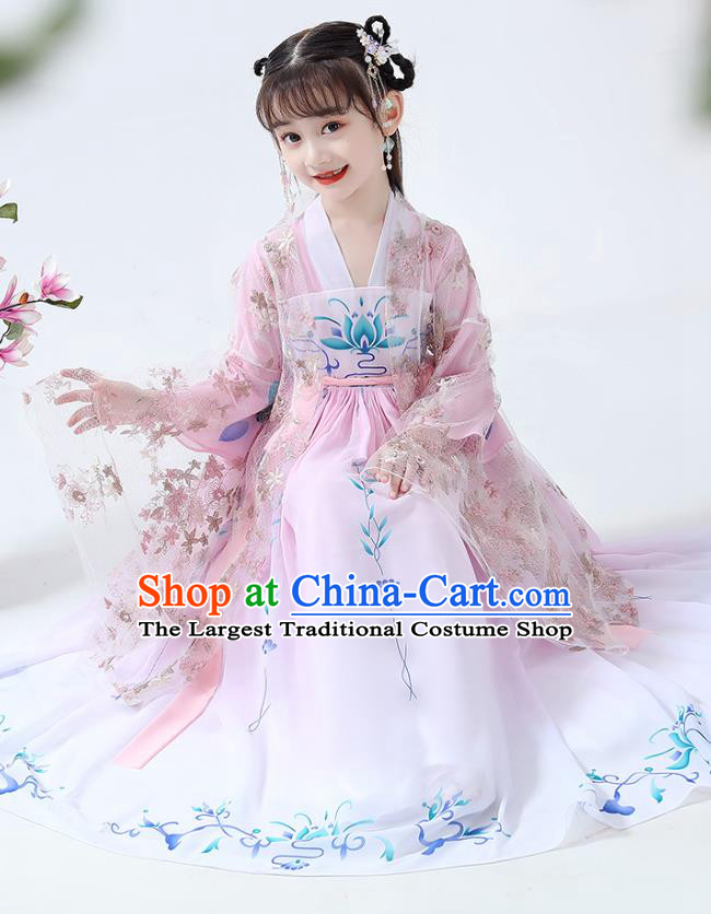 Chinese Traditional Tang Dynasty Girl Pink Hanfu Dress Ancient Princess Costumes Stage Show Apparels Flowers Cape Blouse and Skirt for Kids