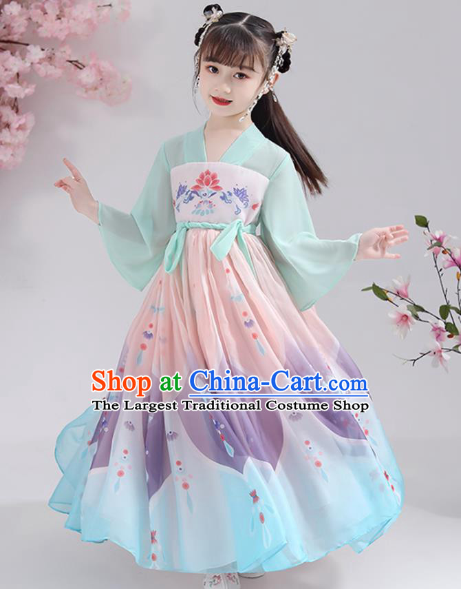 Chinese Traditional Printing Chiffon Hanfu Dress Apparels Ancient Princess Costumes Stage Show Girl Cape Blouse and Skirt for Kids