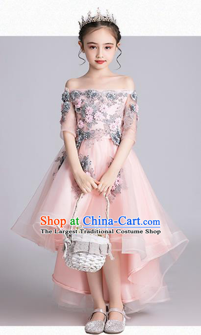 Top Grade Stage Show Baby Princess Pink Dress Children Girls Birthday Costume Compere Flat Shoulder Full Dress