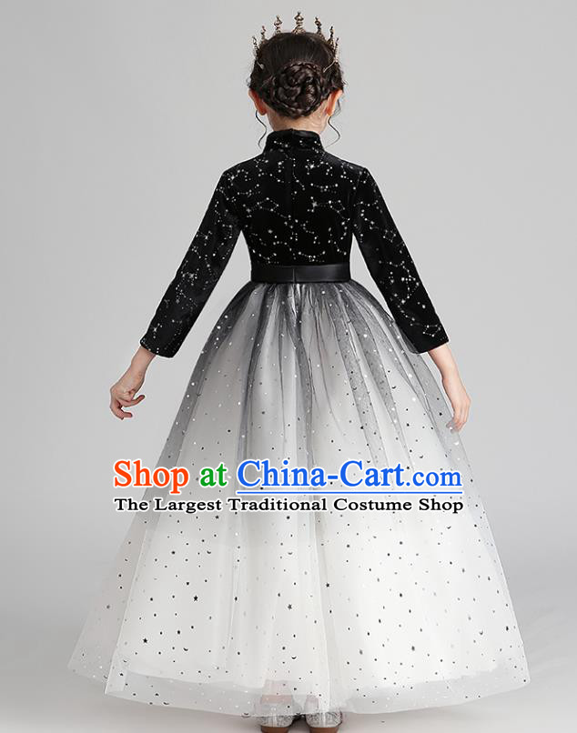 Chinese Traditional Tang Suit Black Velvet Qipao Dress Apparels Ancient Girl Costumes Stage Show Veil Cheongsam for Kids