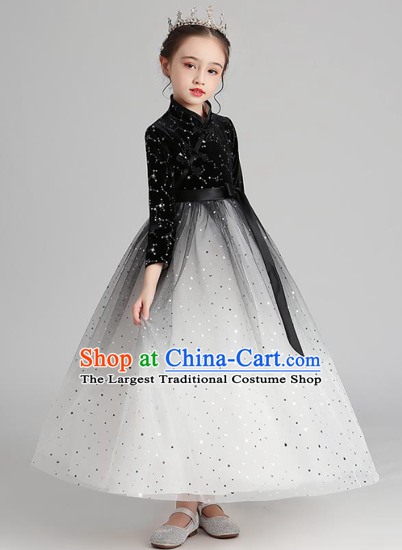 Chinese Traditional Tang Suit Black Velvet Qipao Dress Apparels Ancient Girl Costumes Stage Show Veil Cheongsam for Kids