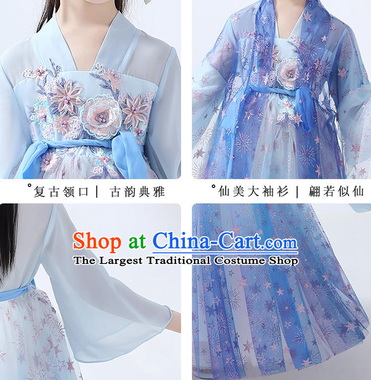 Chinese Traditional Flowers Fairy Hanfu Dress Ancient Princess Costumes Stage Show Apparels Girl Blue Cape Blouse and Skirt for Kids