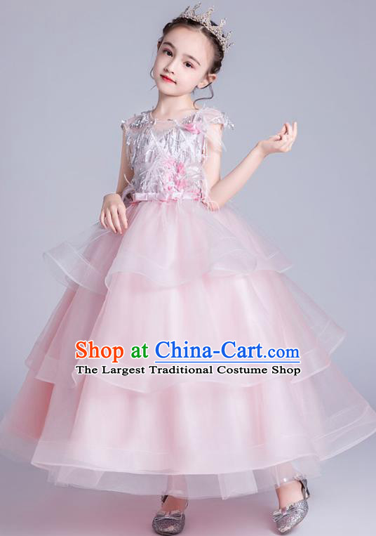 Top Grade Stage Show Princess Pink Veil Dress Girls Birthday Costume Children Compere Bubble Full Dress