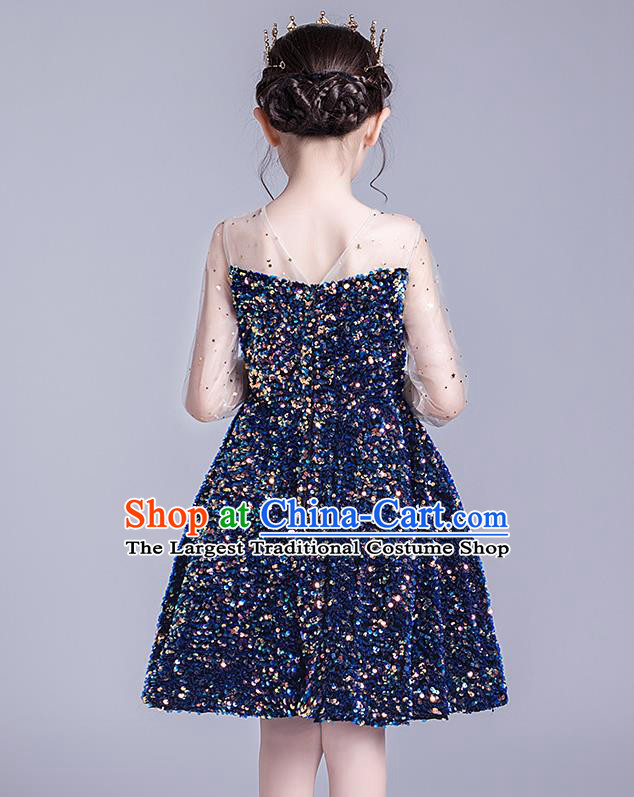 Professional Stage Show Deep Blue Paillette Dress Girls Birthday Costume Children Top Grade Compere Short Full Dress