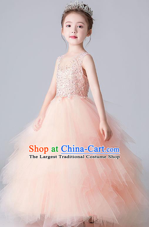 Professional Stage Show Pink Bubble Dress Girls Birthday Costume Children Top Grade Compere Veil Full Dress