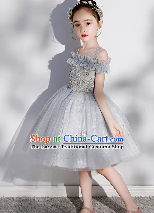 Professional Stage Show Grey Veil Bubble Dress Girls Birthday Costume Children Top Grade Compere Short Full Dress