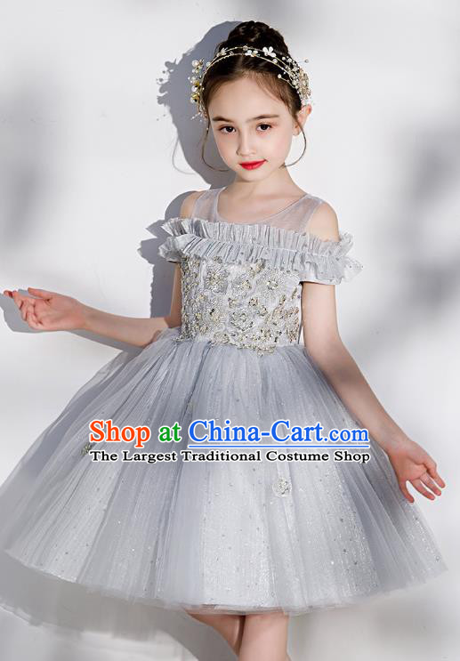 Professional Stage Show Grey Veil Bubble Dress Girls Birthday Costume Children Top Grade Compere Short Full Dress