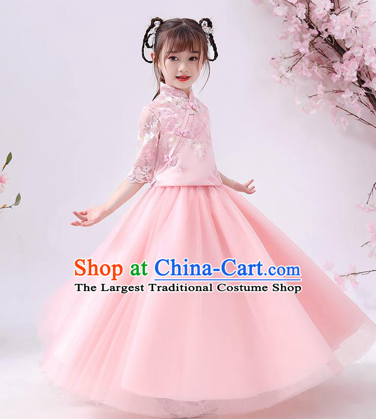 Chinese Traditional Tang Suit Pink Blouse and Skirt Qipao Dress Ancient Girl Costumes Stage Show Cheongsam Apparels for Kids