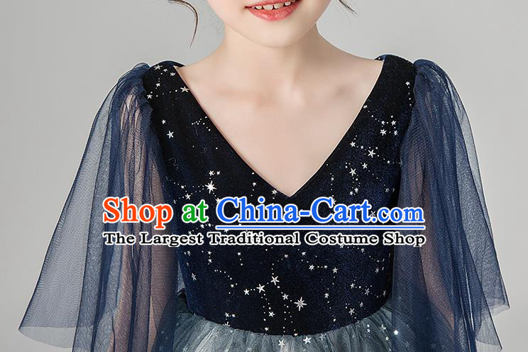 Professional Stage Show Girls Catwalks Navy Velvet Dress Children Birthday Costume Top Grade Compere Veil Full Dress