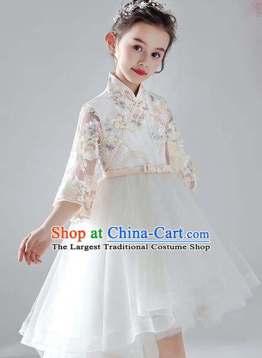 Chinese Traditional Tang Suit White Bubble Qipao Dress Girl Costumes Stage Show Veil Cheongsam Apparels for Kids