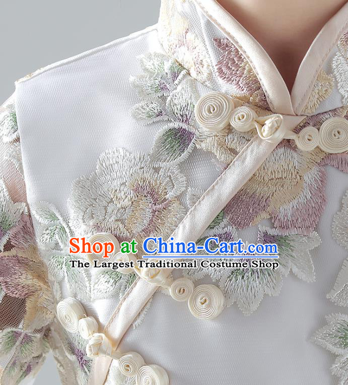 Chinese Traditional Tang Suit White Bubble Qipao Dress Girl Costumes Stage Show Veil Cheongsam Apparels for Kids