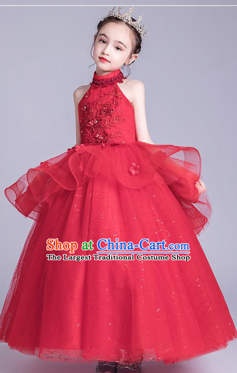 Top Grade Stage Show Red Veil Dress Girls Birthday Costume Children Compere Full Dress