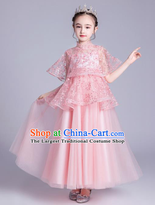 Top Grade Stage Show Princess Pink Dress Girls Birthday Costume Children Compere Full Dress with Cappa