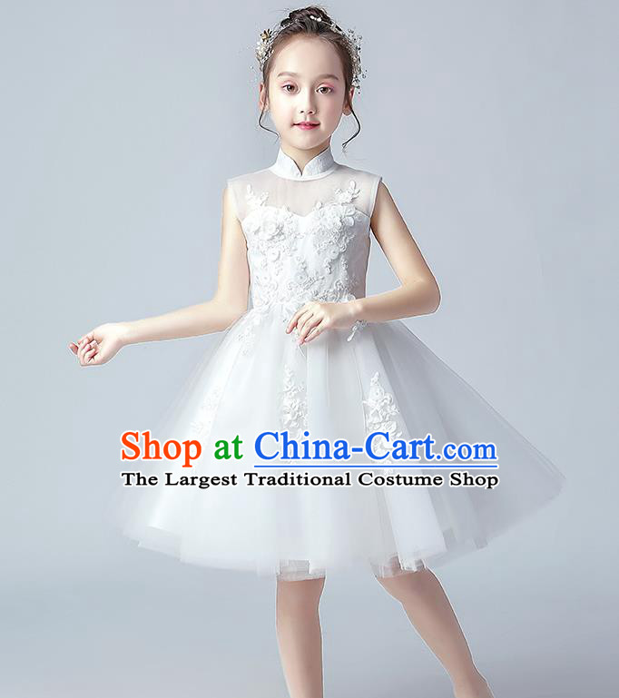 Top Grade Birthday Short Full Dress Children Compere Costume Stage Show Girls Catwalks White Veil Bubble Dress