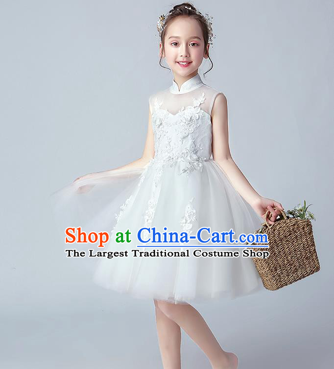Top Grade Birthday Short Full Dress Children Compere Costume Stage Show Girls Catwalks White Veil Bubble Dress
