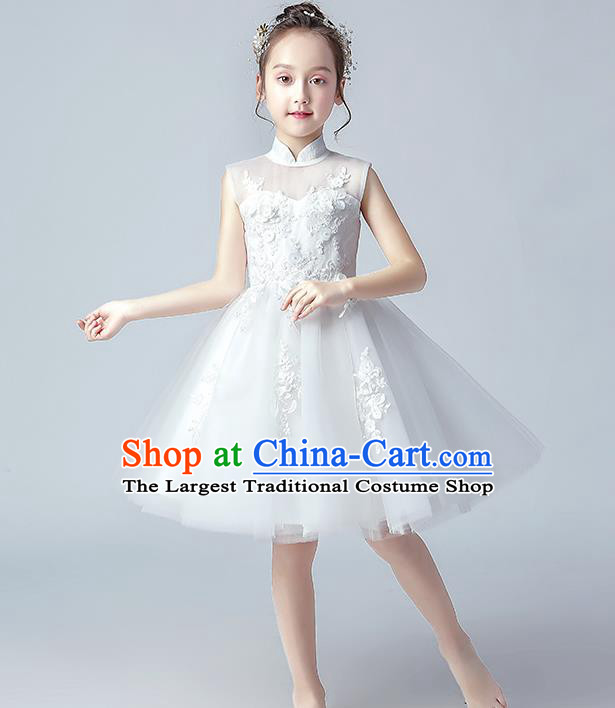Top Grade Birthday Short Full Dress Children Compere Costume Stage Show Girls Catwalks White Veil Bubble Dress