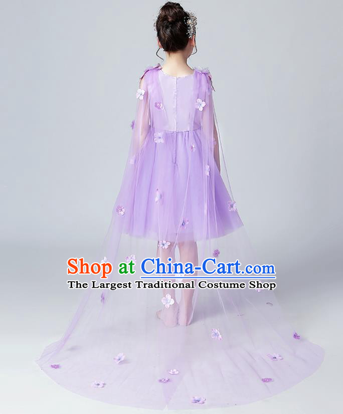Top Grade Birthday Flowers Fairy Short Full Dress Children Compere Costume Stage Show Girls Catwalks Purple Veil Bubble Dress