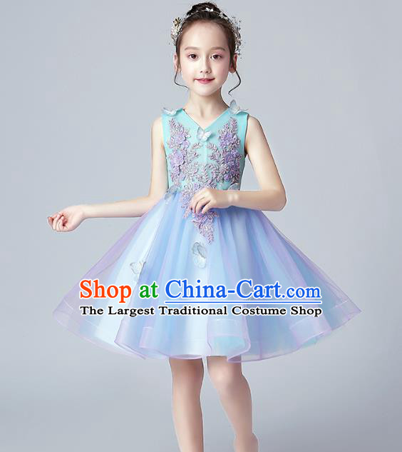 Top Grade Birthday Blue Full Dress Children Compere Costume Stage Show Girls Catwalks Veil Short Dress