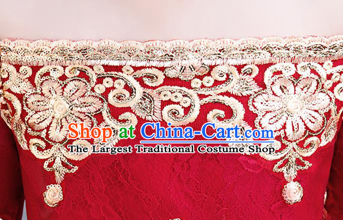 Top Grade Birthday Red Lace Full Dress Children Compere Costume Stage Show Girls Catwalks Off Shoulder Long Dress