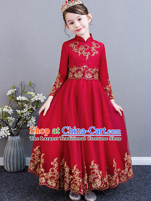 Top Grade Birthday Stand Collar Full Dress Children Compere Costume Stage Show Girls Catwalks Red Lace Long Dress