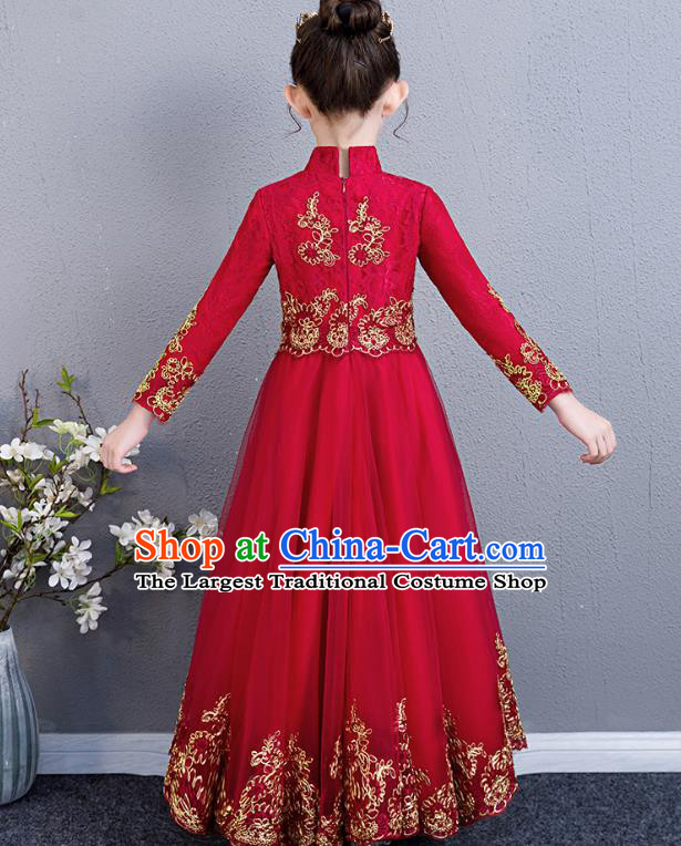 Top Grade Birthday Stand Collar Full Dress Children Compere Costume Stage Show Girls Catwalks Red Lace Long Dress