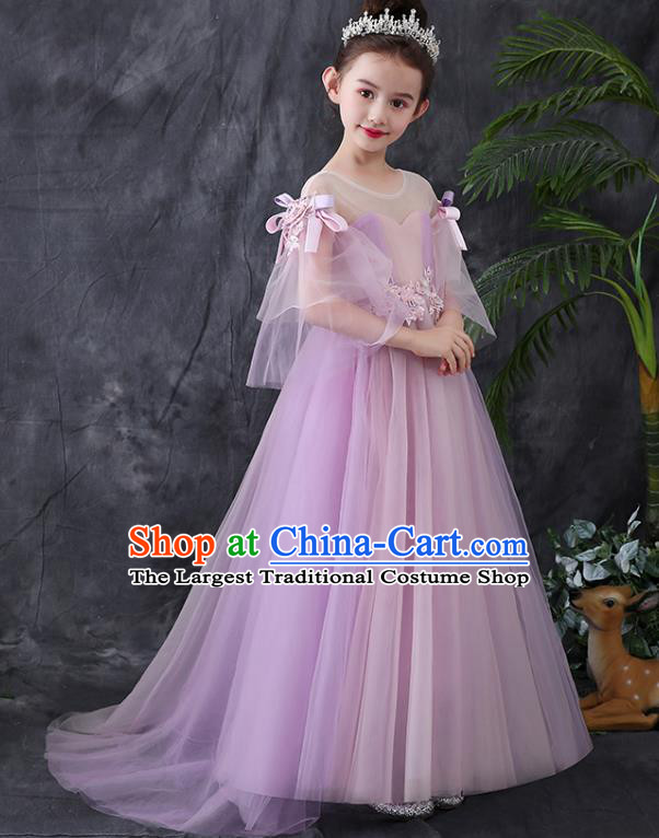 Top Grade Birthday Lilac Full Dress Children Compere Costume Stage Show Girls Catwalks Long Veil Dress