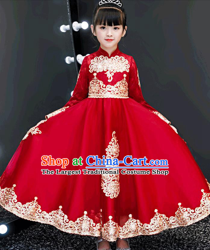 Top Grade Birthday Red Bubble Full Dress Children Compere Costume Stage Show Girls Catwalks Long Dress