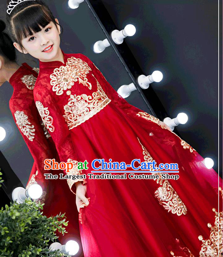 Top Grade Birthday Red Bubble Full Dress Children Compere Costume Stage Show Girls Catwalks Long Dress