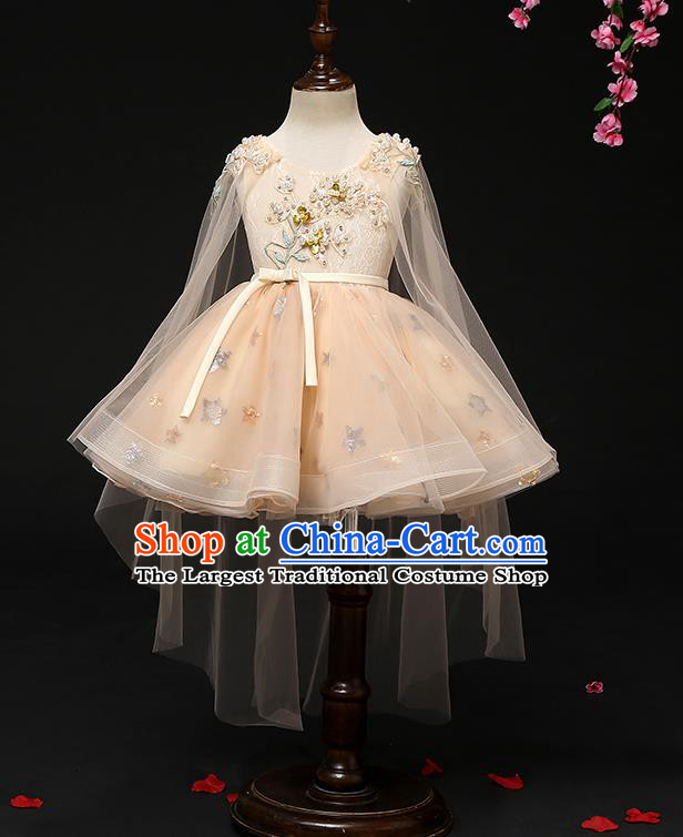 Top Grade Catwalks Apricot Full Dress Children Birthday Costume Stage Show Girls Compere Short Veil Dress