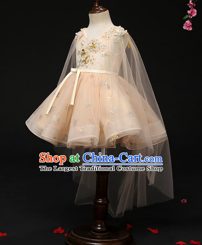 Top Grade Catwalks Apricot Full Dress Children Birthday Costume Stage Show Girls Compere Short Veil Dress