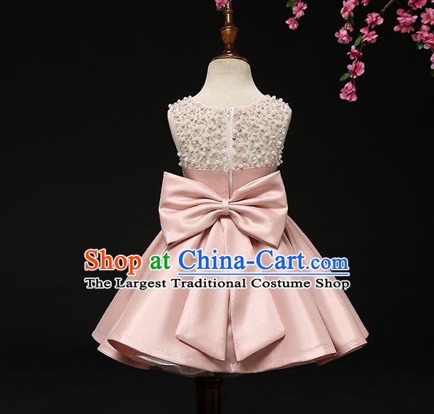 Top Grade Catwalks Pink Satin Full Dress Children Birthday Costume Stage Show Girls Compere Short Dress