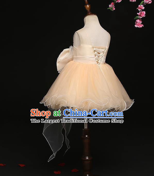 Top Grade Catwalks Apricot Bowknot Full Dress Children Birthday Costume Stage Show Girls Compere Short Veil Bubble Dress