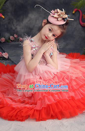 Top Grade Catwalks Pink Feather Full Dress Children Birthday Costume Stage Show Girls Compere Layered Dress
